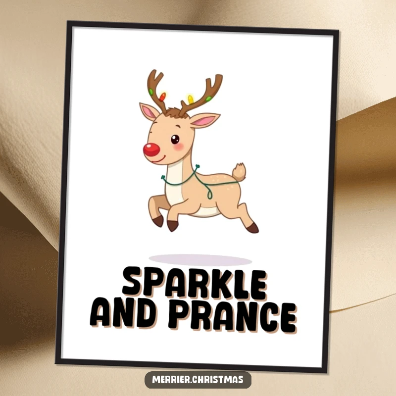 Funny digital art print: a reindeer prancing with antlers adorned in bright Christmas lights, capturing holiday joy and whimsy.