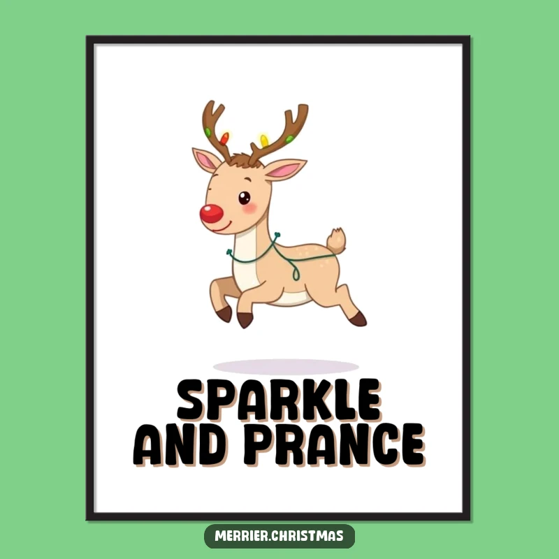 Funny Prancing Reindeer Art Print: Joyful Christmas Lights, Instant Funny Gift