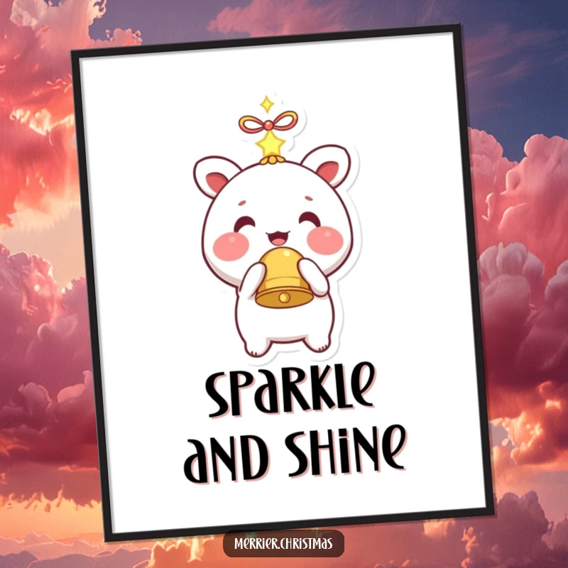 Funny digital art print of a kawaii character with rosy cheeks holding a sparkling bell, perfect for cute decor.