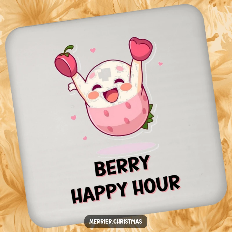 Funny Drink Coaster, a holly berry character doing a somersault, adding festive cheer to surfaces.