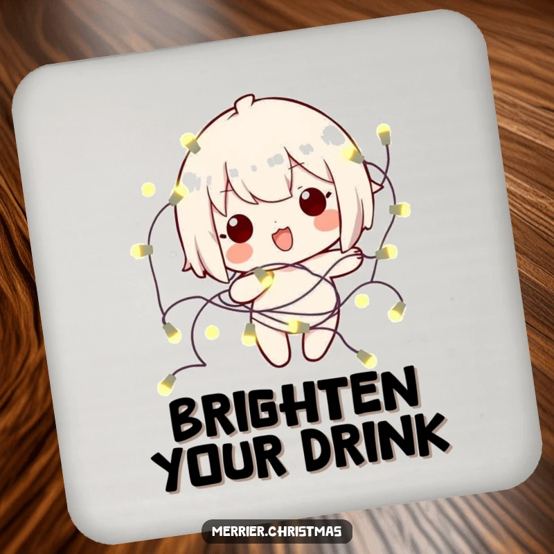 Funny kawaii character playfully tangled in glowing lights, featured on a protective and humorous coaster set.