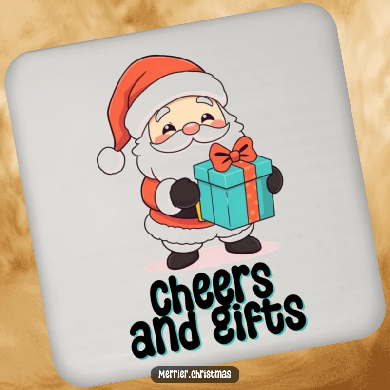 Funny drink coaster with a cute Santa Claus character winking, handing out gifts, perfect for adding humorous holiday flair.