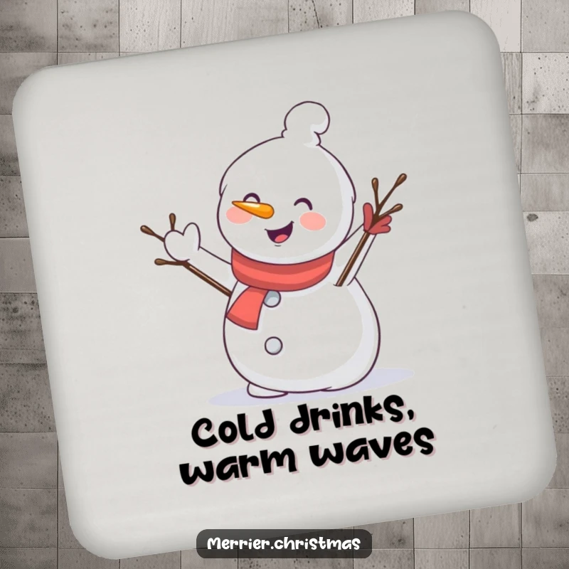 Funny drink coaster with a happy snowman character waving its twig arm, adding a touch of winter cheer to any surface.