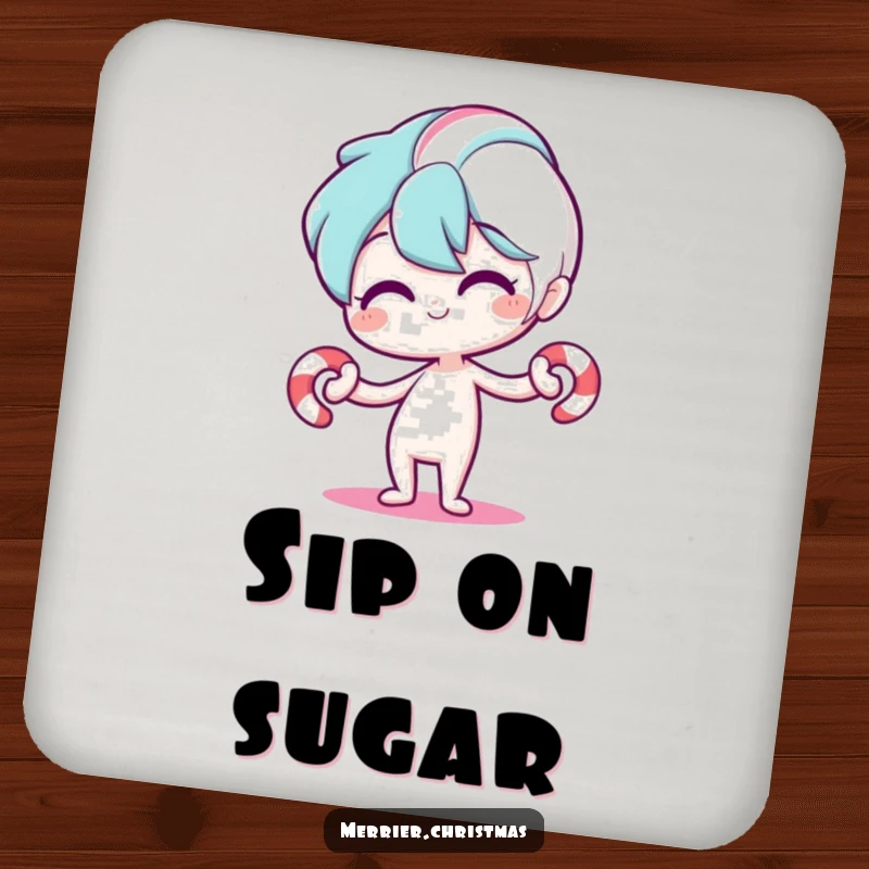Funny drink coaster featuring a stylized candy cane character bending playfully, adding holiday cheer and protecting surfaces with humorous charm.
