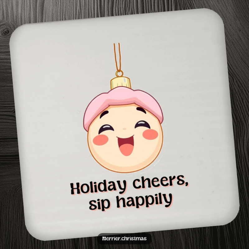Funny drink coasters showcasing an excited Christmas ornament character, providing humorous table protection for festive holiday themes.