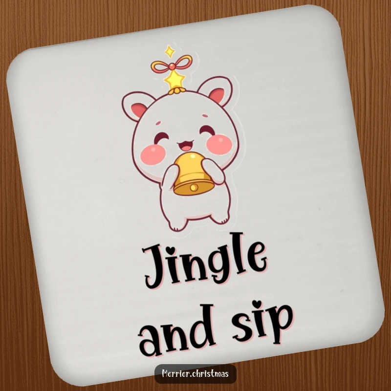 Funny drink coaster set with a kawaii character holding a sparkling bell, protecting surfaces with charm.