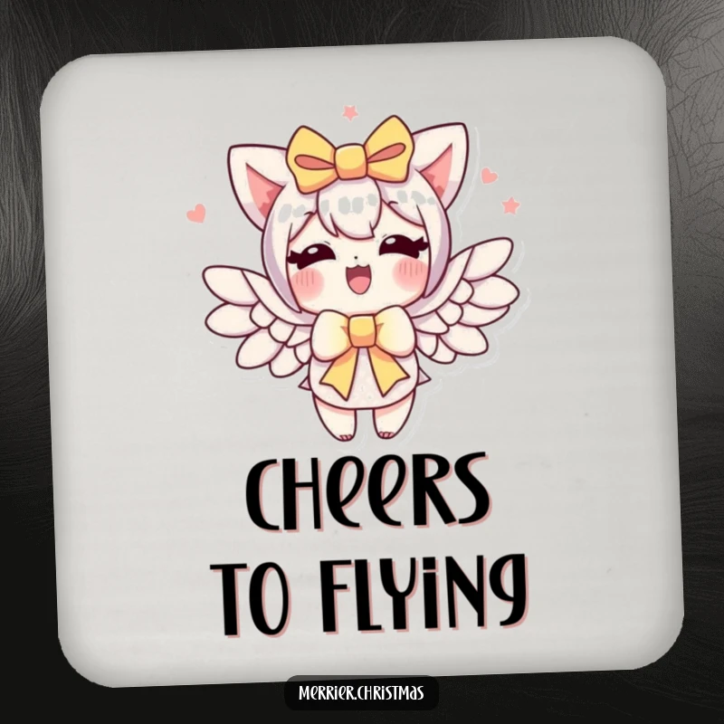 Funny gift bow coaster, a character with a gift bow enthusiastically sprouting wings, adding magical charm.