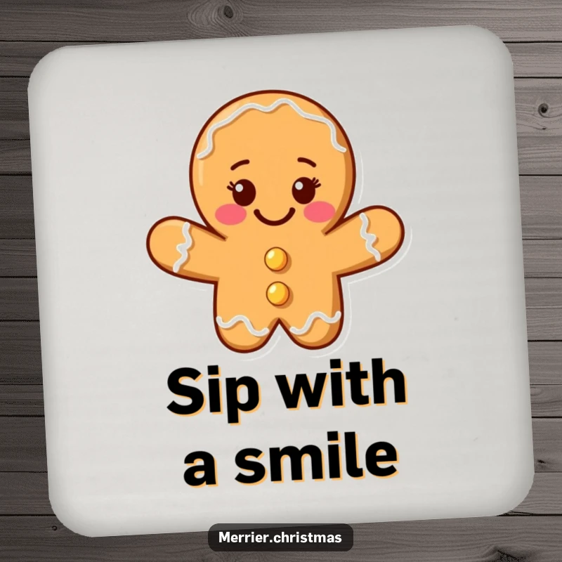 Funny gingerbread cookie man drink coaster with a beaming smile, perfect for festive tables and as a funny gift.