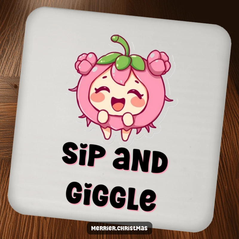 Funny holly berry character giggling with excitement, featured on a protective drink coaster for tables.