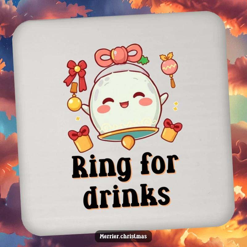 Funny Coaster with a festive bell character exhibiting a cheerful, jingly vibration, protecting surfaces with holiday charm.
