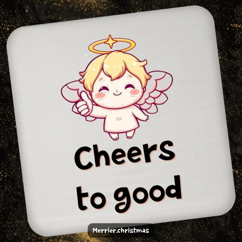 Funny drink coaster featuring a kawaii angel with a sparkling halo giving a cheerful thumbs up, protecting your surfaces.