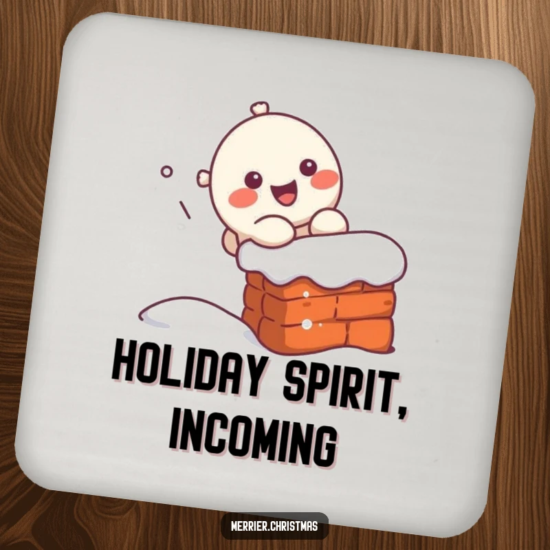 Funny kawaii character sliding down a chimney, bringing holiday cheer to this set of protective drink coasters.