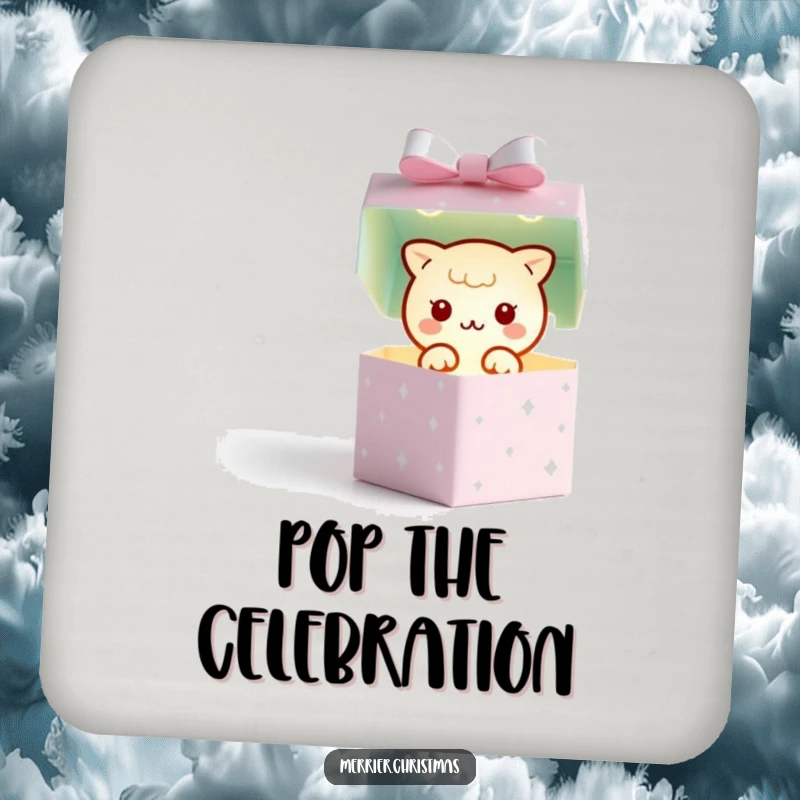 Funny coasters with a kawaii gift box character popping open to reveal a twinkling light, perfect for adding a touch of magic.