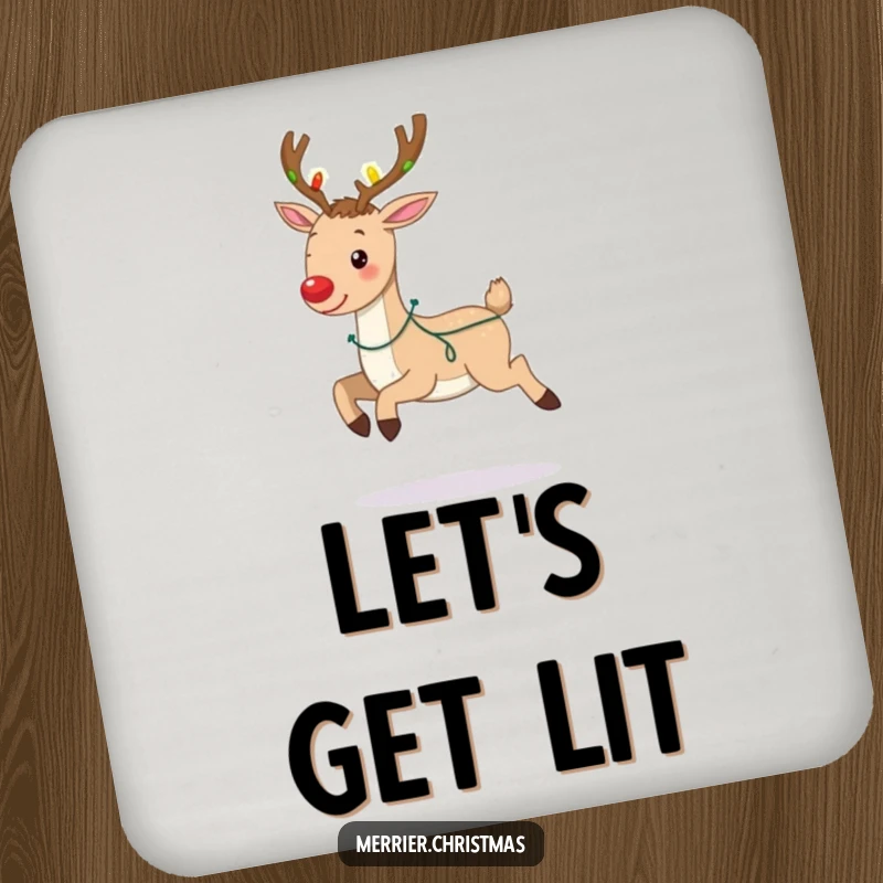 Funny coaster showcasing a cheerful reindeer prancing, its antlers lit with festive Christmas lights, a charming holiday accessory.