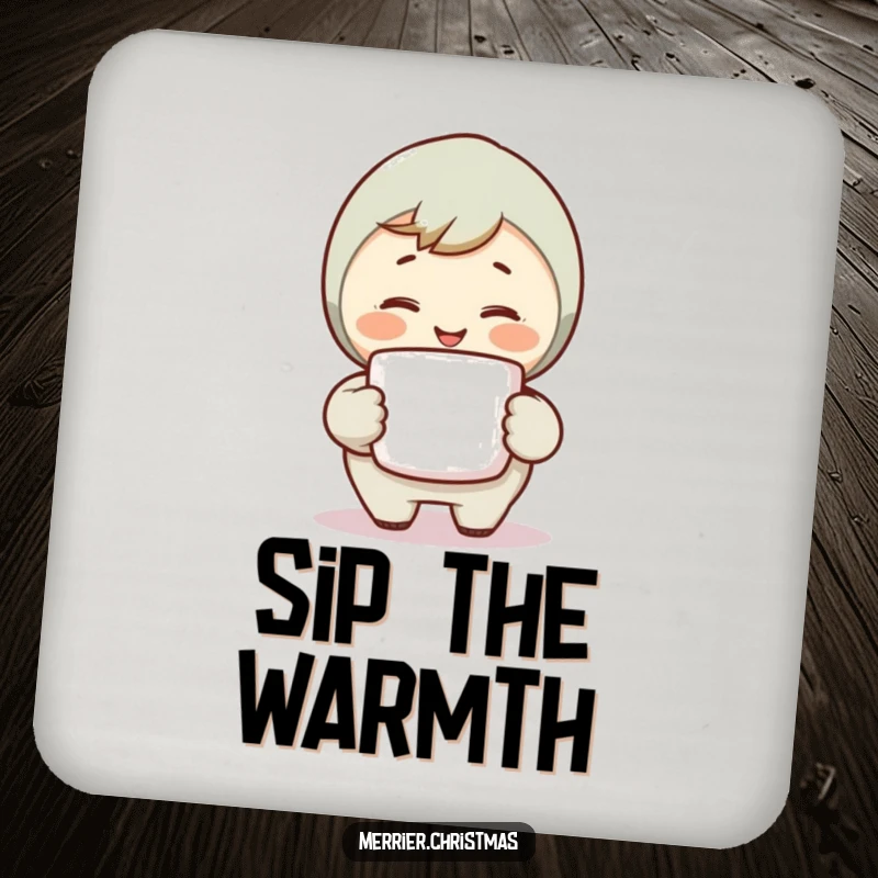 Funny Warm Smile Coaster depicting a character holding a steaming mug and smiling warmly, protecting surfaces with comforting charm.
