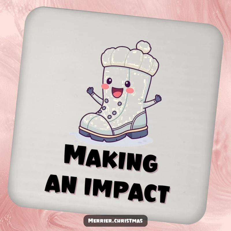 Funny winter boot character doing a happy stomp, featured on a protective drink coaster for tables.