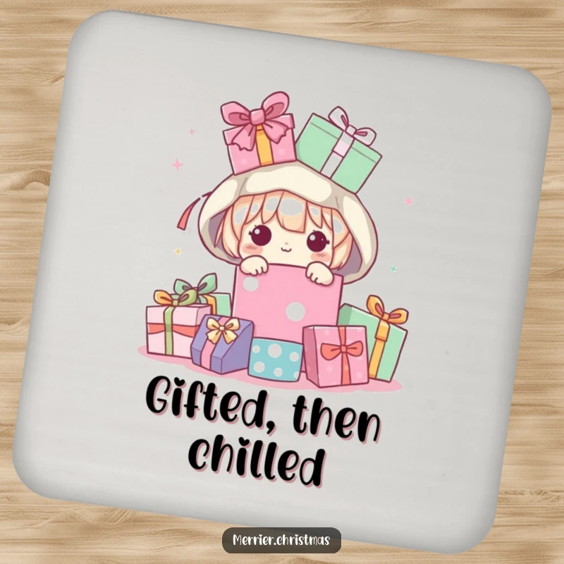 Funny Coaster showcasing a cute kawaii character peeking out from under a pile of presents, adding a playful vibe.
