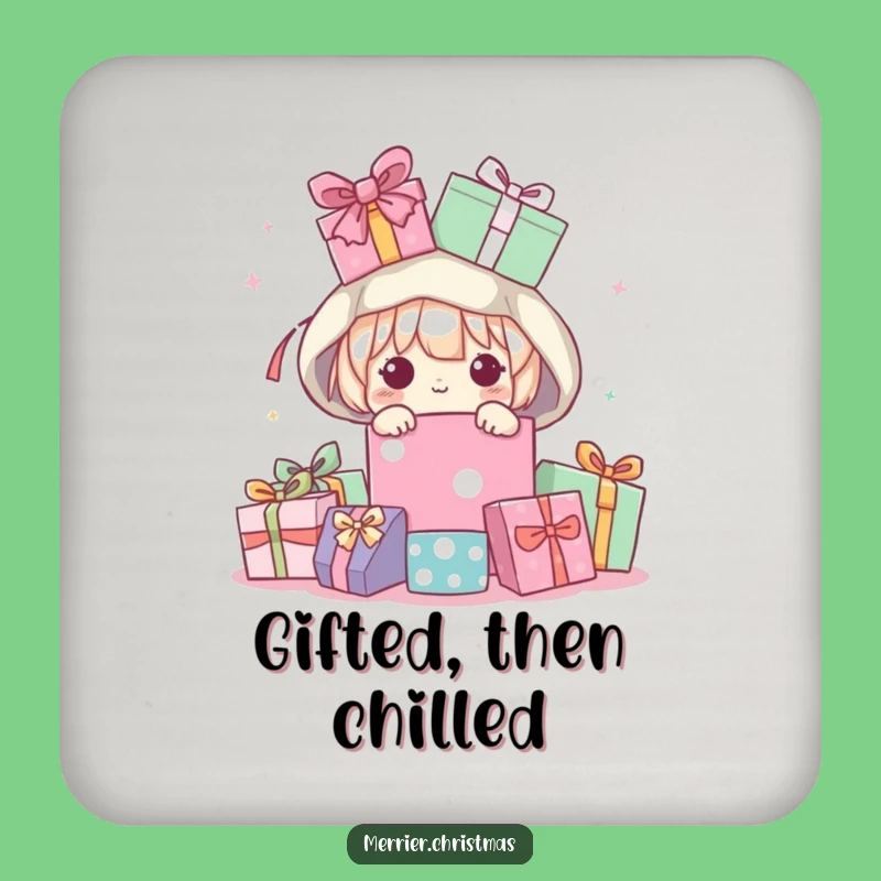 Funny Kawaii Peeking Present Pile Coaster, Protect Surfaces with Humor!
