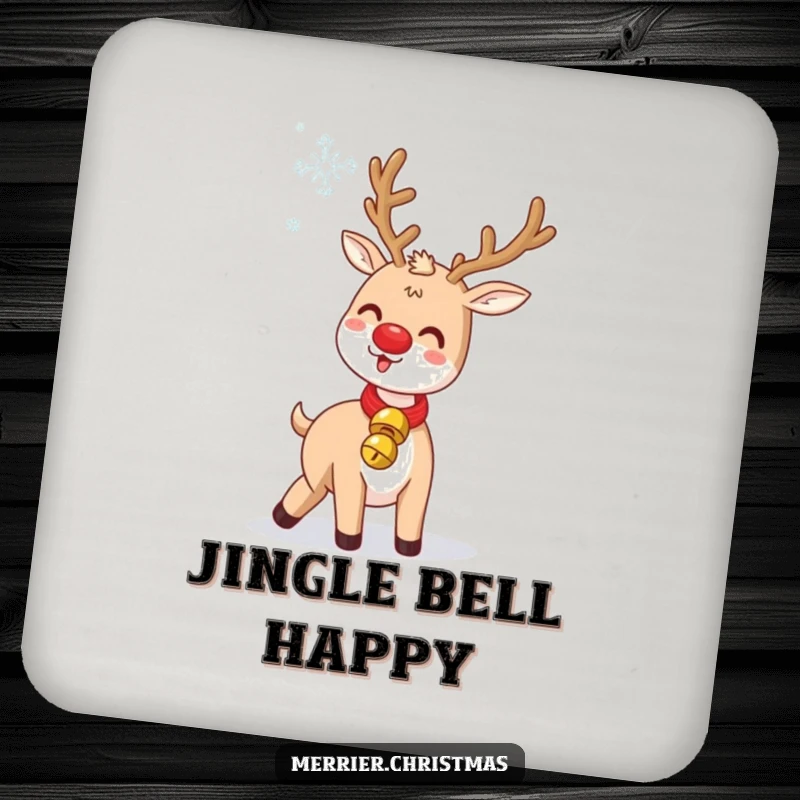 Funny Jingle Bell Reindeer Drink Coasters: a set featuring a cute reindeer humorously tossing a snowflake, protecting surfaces.