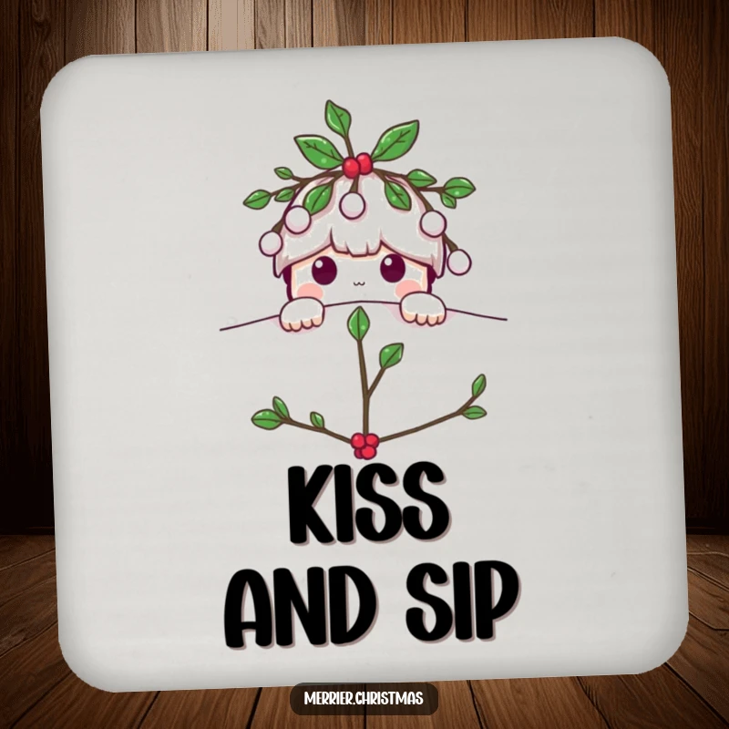 Funny Mistletoe drink coaster, a charming character playfully peeking from the top, preventing spills with holiday cheer.