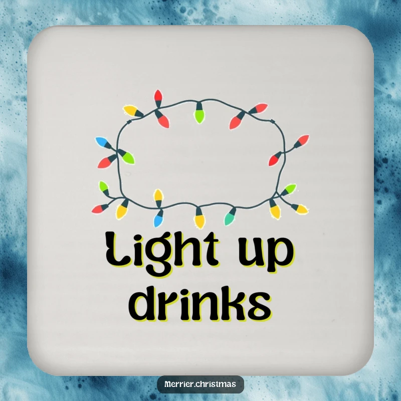 Funny Christmas lights drink coaster with a cheerful pattern, glowing playfully, perfect for festive tables and as a funny gift.