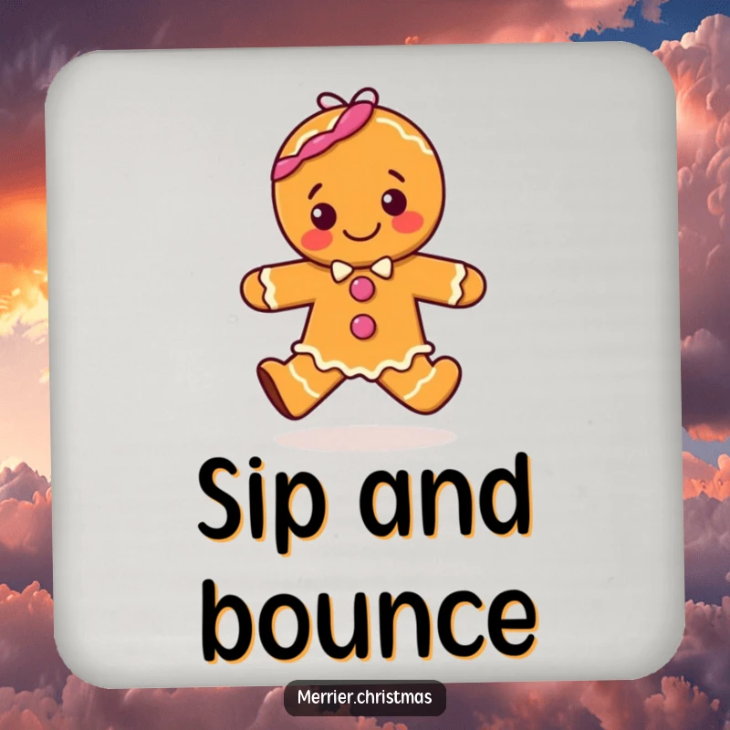 Funny drink coaster with a happy gingerbread character doing a joyful hop, adding a touch of festive sweetness to any surface.