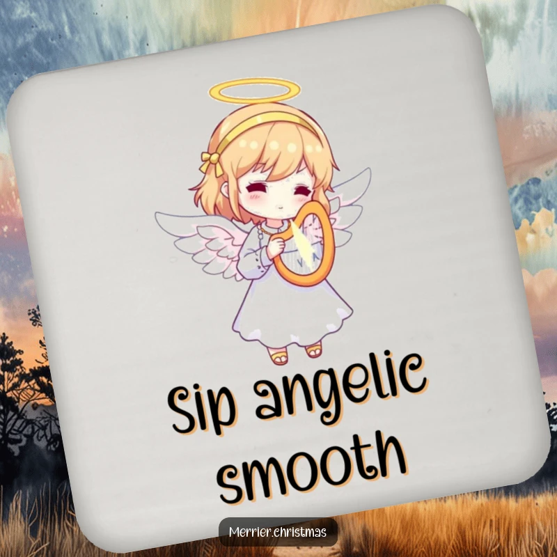 Funny Angel Harp Coasters featuring a character dressed as an angel, playing a tiny, radiant harp, protecting surfaces with heavenly humor.