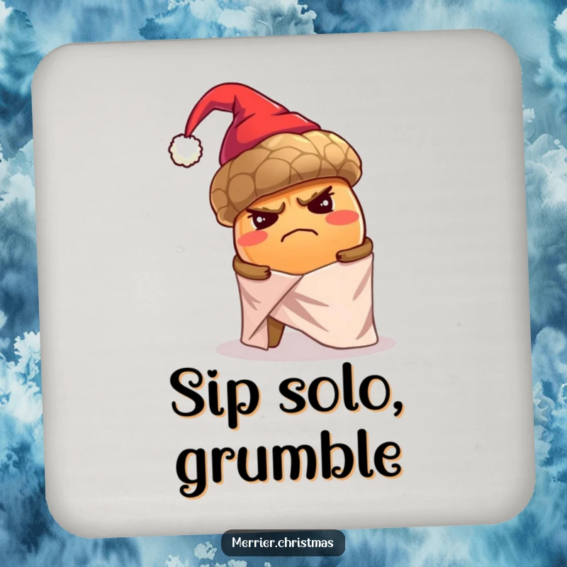 Funny drink coaster with a grumpy, oversized acorn wearing a tiny Santa hat, struggling to wrap itself alone in shiny paper.