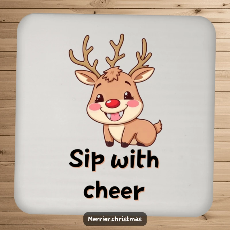 Funny Reindeer Coasters featuring a character with a huge, goofy grin and rosy cheeks, protecting surfaces with holiday humor.