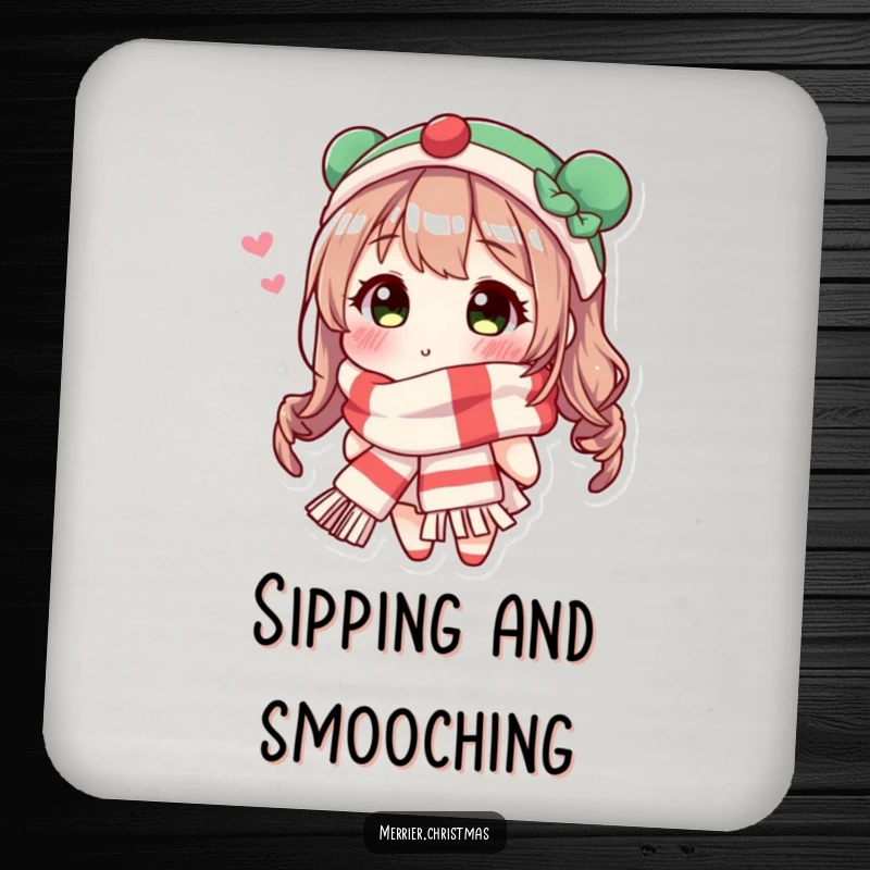 Funny Festive Scarf Kiss Coaster showing a character in a scarf blowing a kiss, adding festive flair to any table.