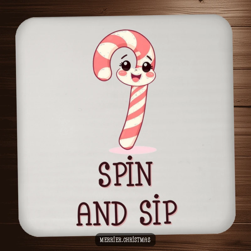 Funny candy cane drink coaster, cheerfully spinning, perfect for festive tables and as a funny gift.