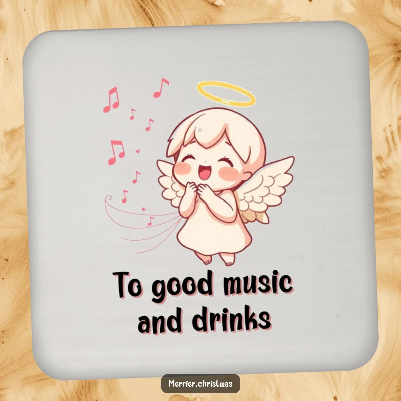 Funny kawaii angel coaster featuring a singing angel with a joyful expression and music notes, a peaceful and practical addition.