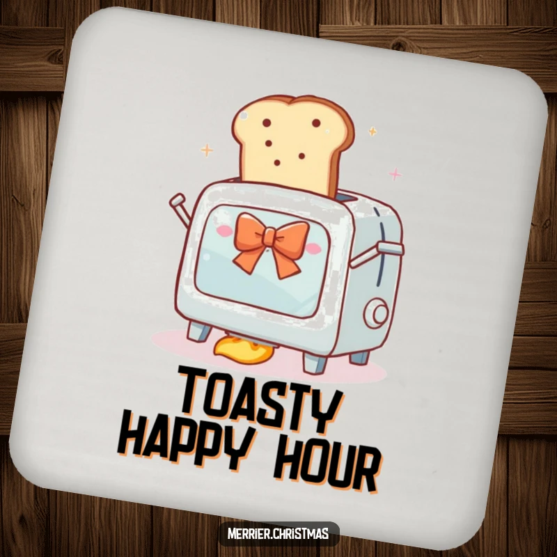 Funny drink coaster featuring an overly enthusiastic toaster oven launching a slice of bread with a festive bow into orbit.