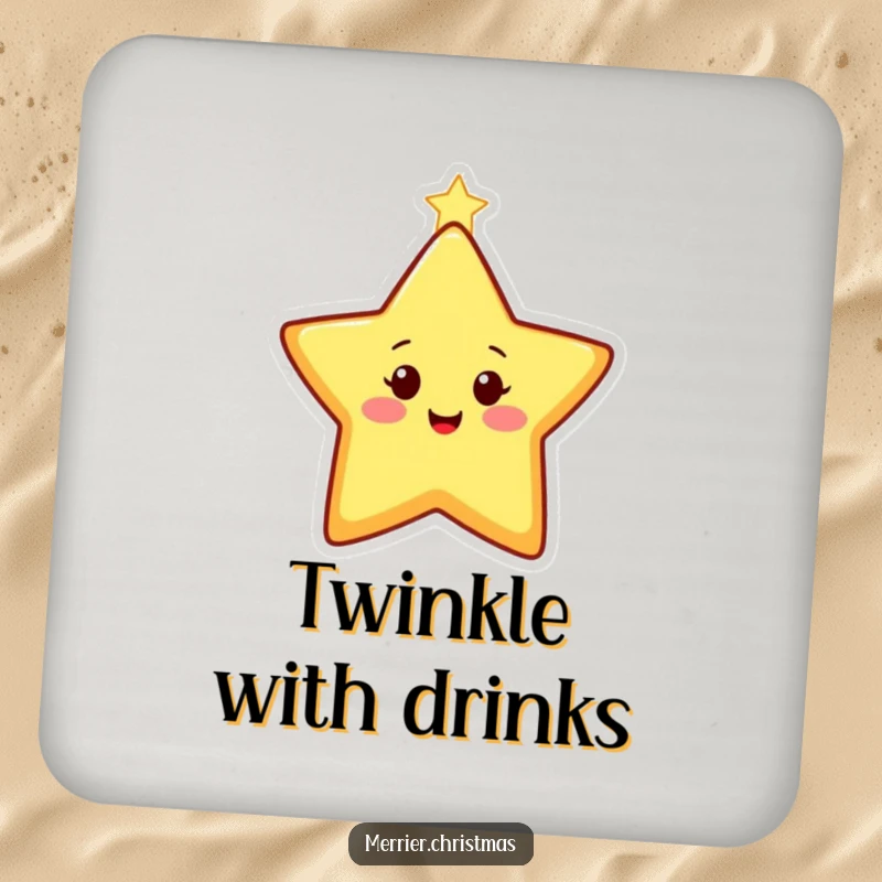 Funny Coaster with a happy, stylized Christmas star character twinkling brightly, protecting surfaces with holiday charm.