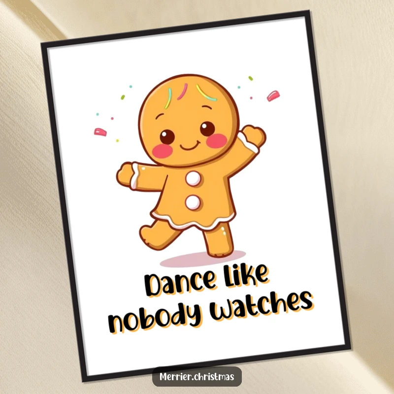 Funny Gingerbread Man Poster featuring a character dancing cheerfully, adorned with colorful sprinkles, creating a festive and joyful wall decoration.