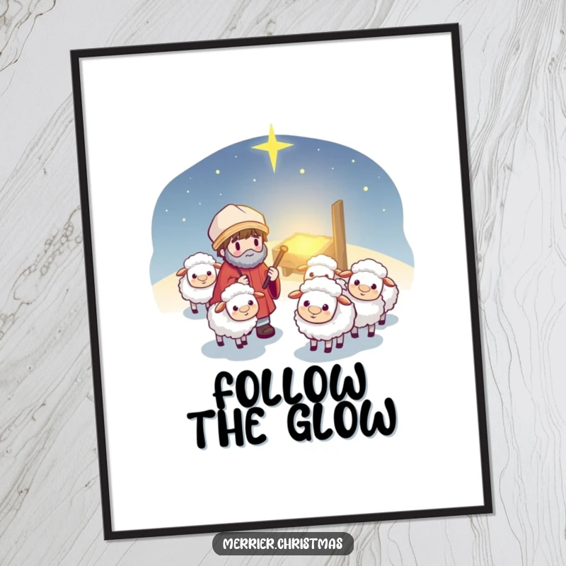 Funny Kawaii Shepherd Poster: Cute cartoon shepherd guiding fluffy sheep, creating a peaceful and heartwarming scene for wall art.