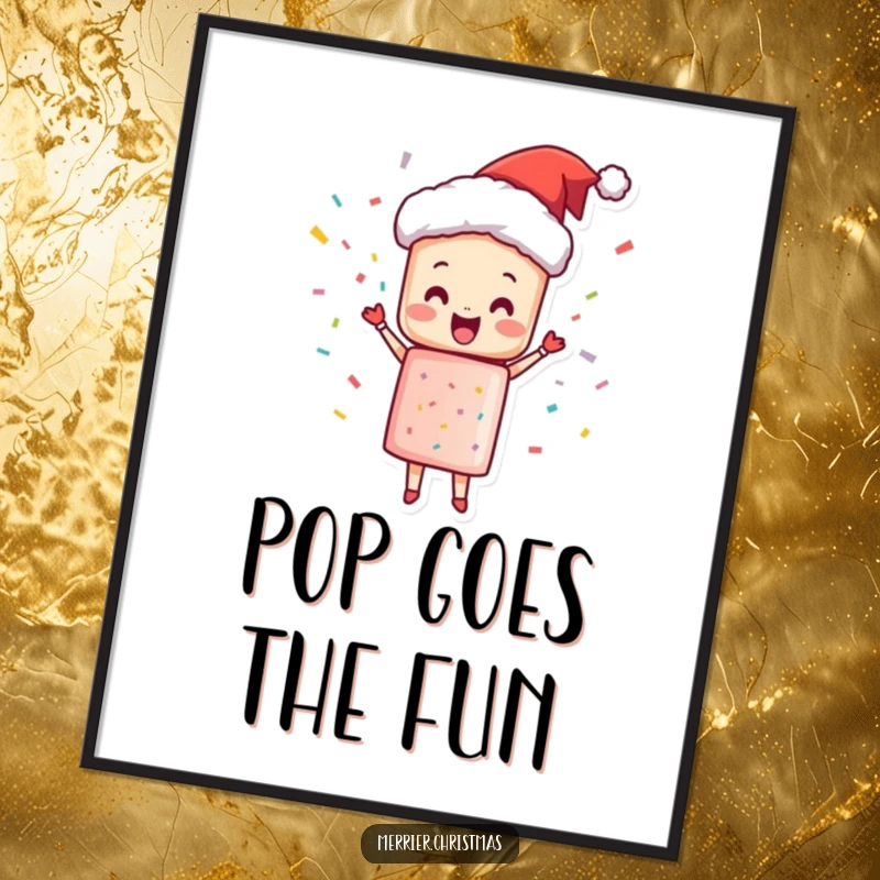 Funny Poster showcasing a Christmas cracker character joyfully popping with confetti and celebration, perfect for festive wall art.