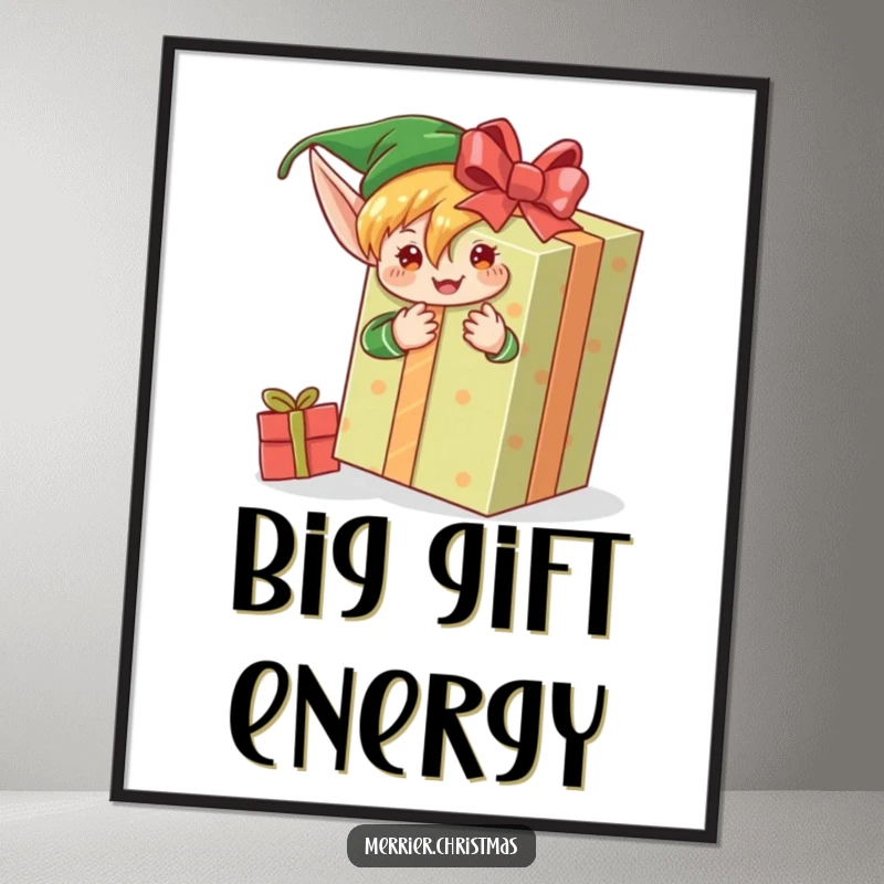 Funny poster art of an elf character enthusiastically wrapping a comically large gift, embodying holiday preparation and cheer.