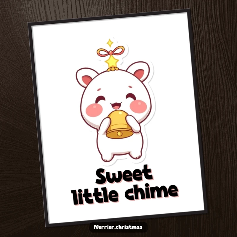Funny poster print of a kawaii character with rosy cheeks holding a sparkling bell, radiating sweet charm.