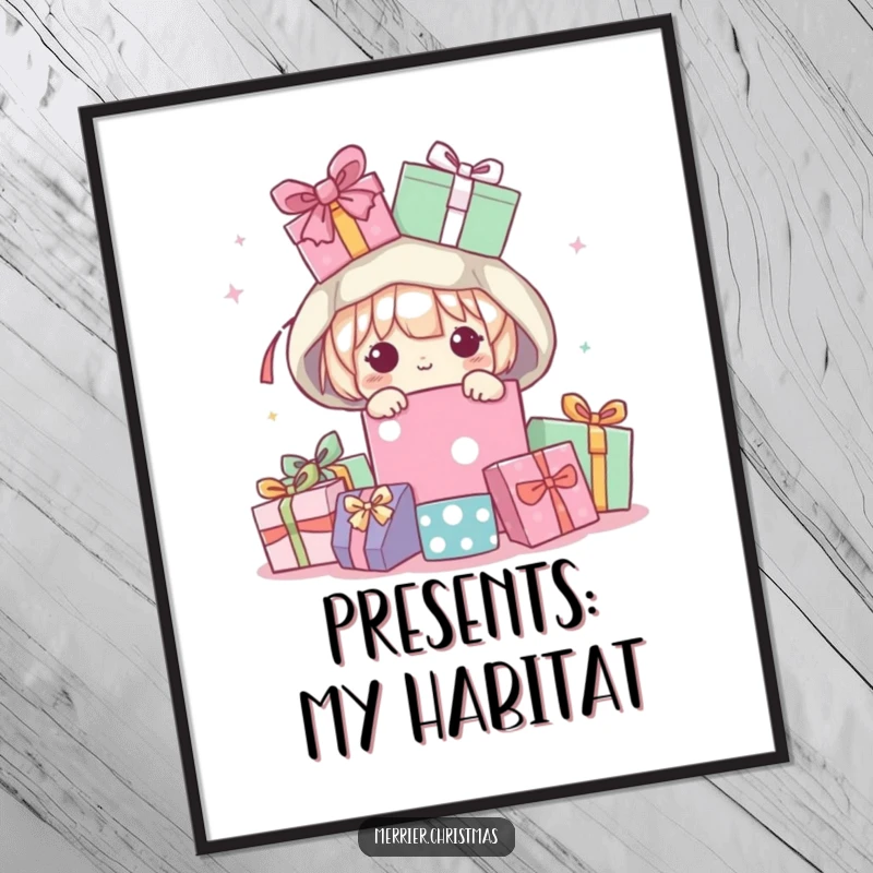 Funny Poster of a charming kawaii character emerging from a mountain of festive, wrapped presents, embodying curiosity and joy.