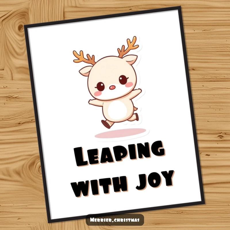 Funny Poster of a kawaii character wearing festive reindeer antlers and doing a happy skip, embodying holiday cheer and joy.