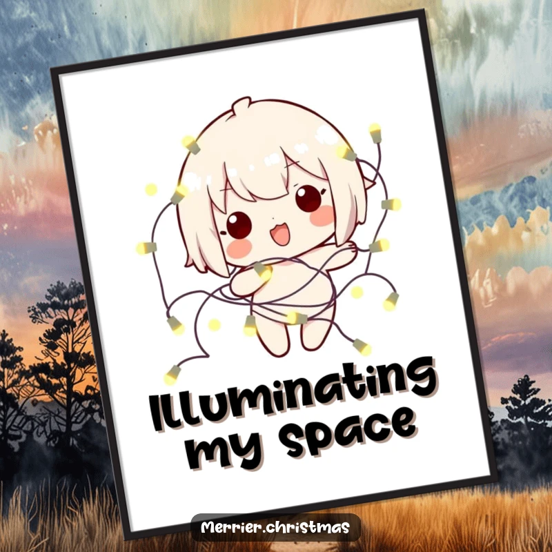 Funny kawaii character playfully tangled in a string of glowing holiday lights, creating a humorous and festive wall art.