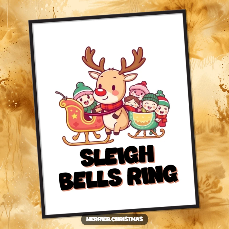 Funny poster print of a reindeer pulling a sleigh full of laughing characters, perfect for adding humorous and festive holiday decor.