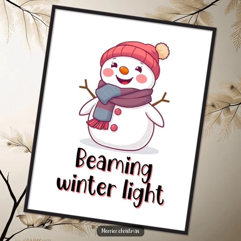 Funny poster art of a cute snowman wearing a festive scarf and beaming brightly, perfect for winter decor.