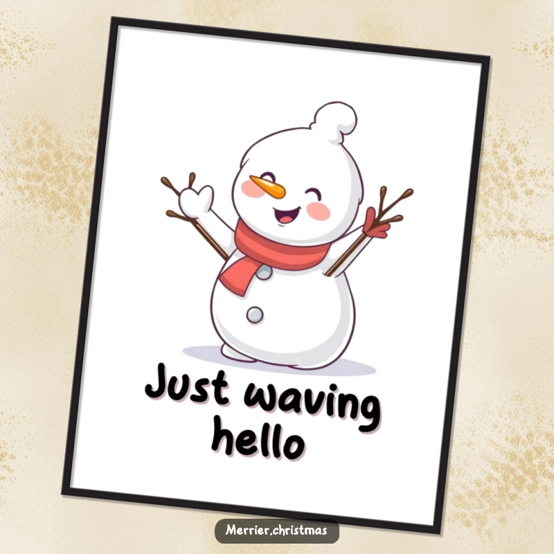 Funny poster art of a smiling snowman character gleefully waving its twig arm, capturing the essence of a happy winter day.
