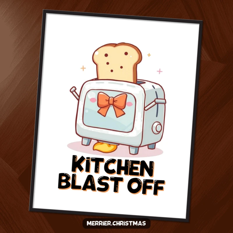 Funny poster print of an overly enthusiastic toaster oven attempting to launch a slice of bread with a festive bow into orbit.