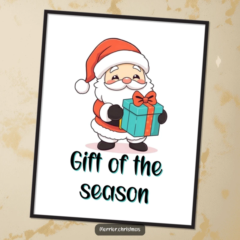 Funny poster print of a cute Santa Claus with twinkling eyes, handing out gifts, perfect for adding humorous and festive holiday decor.