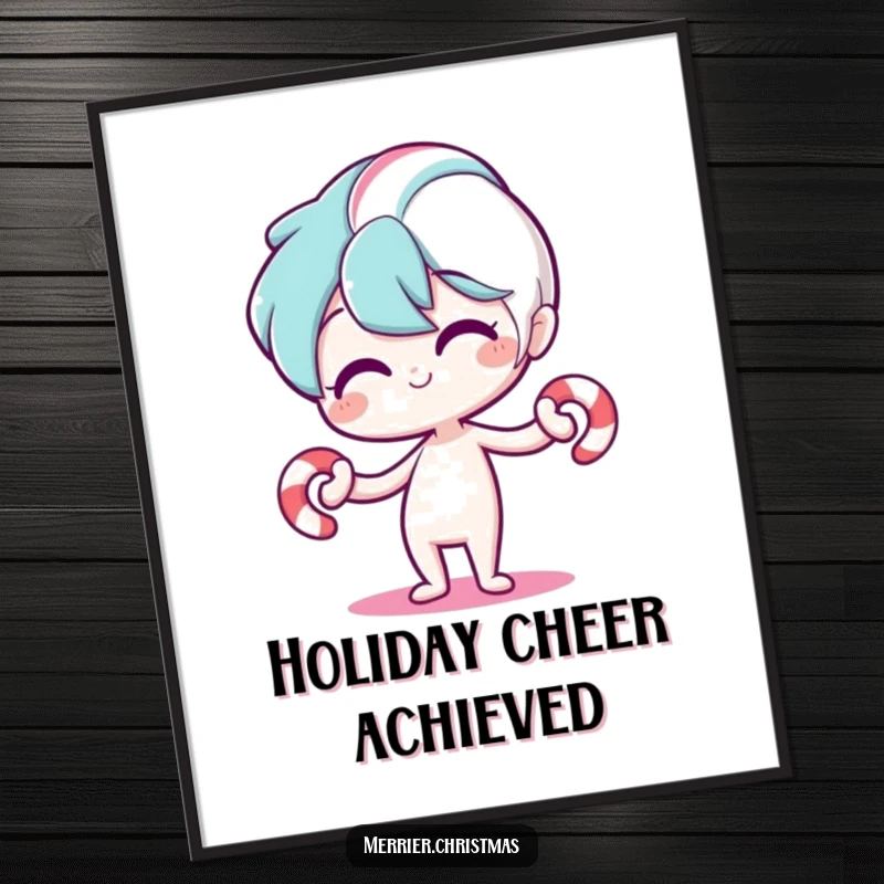 Funny poster featuring a stylized candy cane character bending playfully, adding a touch of whimsical holiday joy and laughter to any room decor.