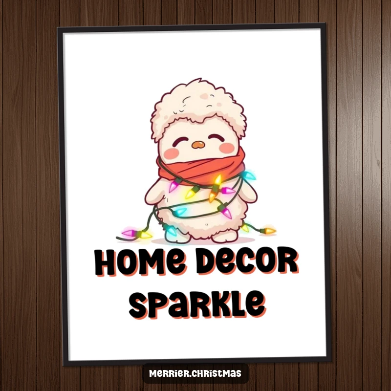 Funny poster print of a confused, fuzzy slipper attempting to wear a string of blinking Christmas lights as a scarf.