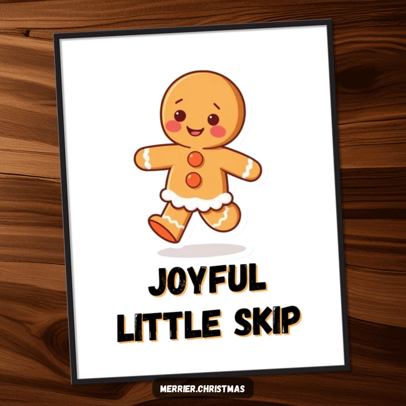 Funny poster art of a gingerbread person with icing buttons, captured in a joyful skip, radiating holiday happiness.